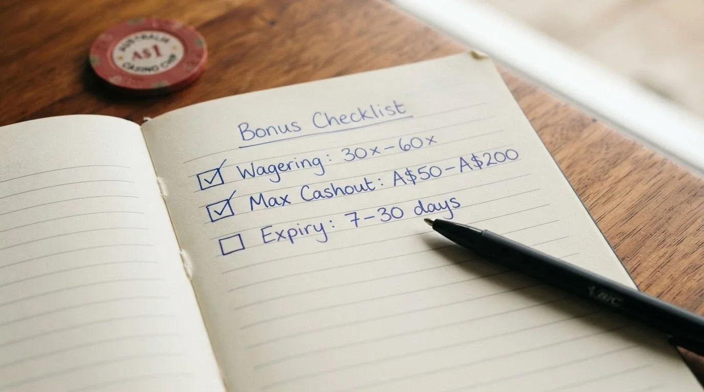 A close-up of a notepad with three handwritten checks: wagering multiplier, maximum cashout, expiry date — with a pen resting beside it