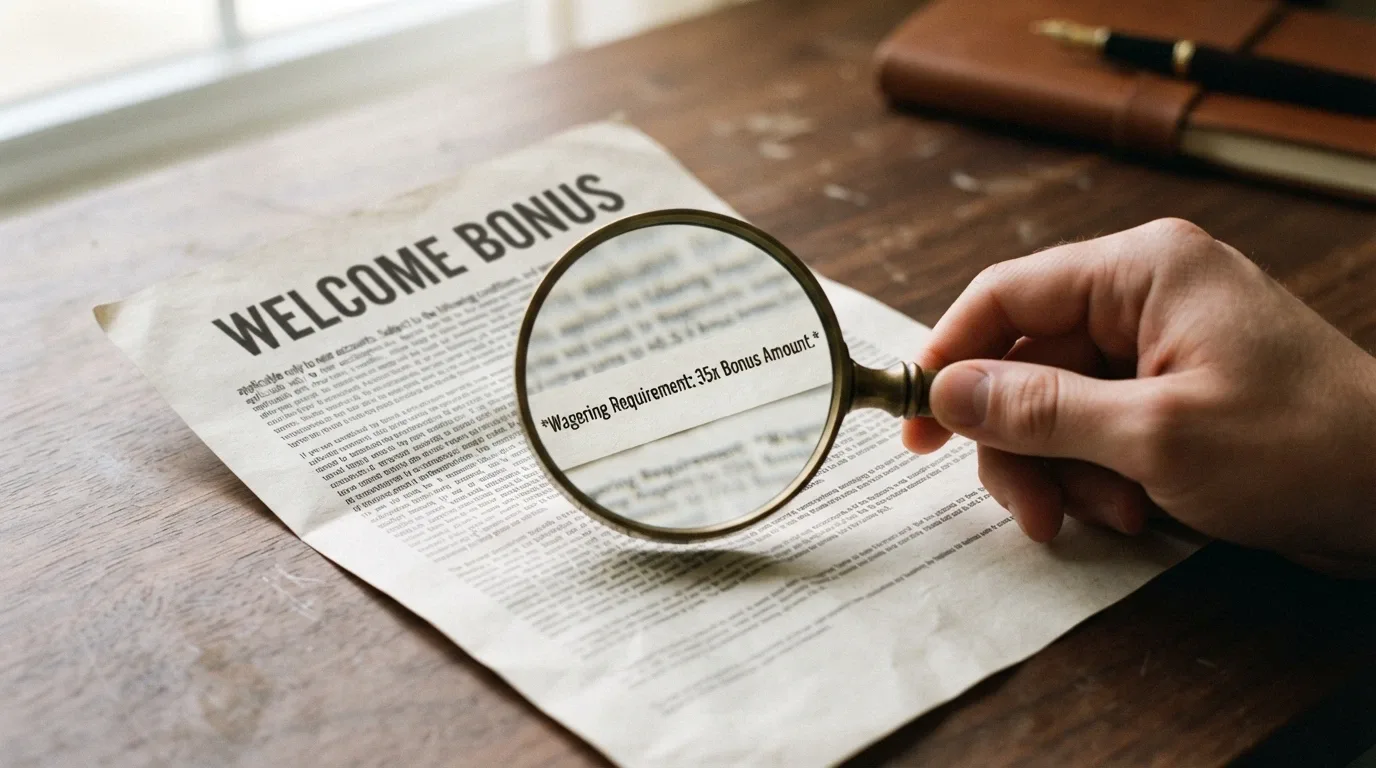 A magnifying glass over bonus terms and conditions printed on paper