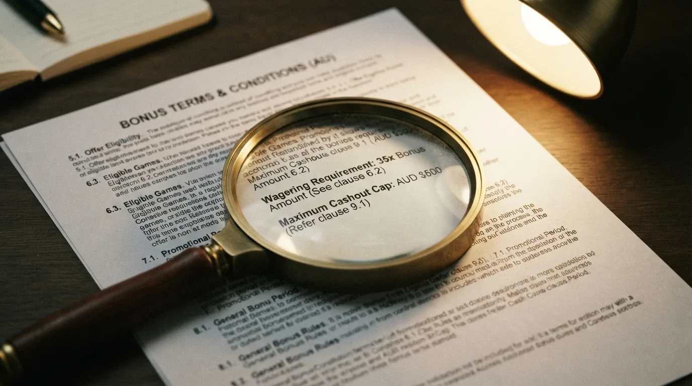 A magnifying glass over casino bonus terms and conditions text, highlighting wagering requirements and cashout cap clauses