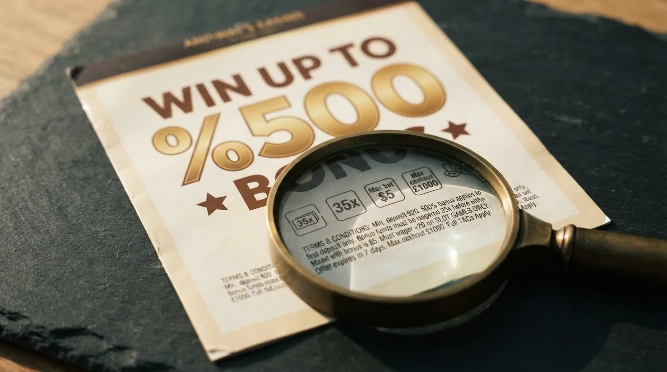 A close-up of a casino welcome bonus banner with a magnifying glass revealing the wagering-requirement fine print and a max-cashout clause underneath