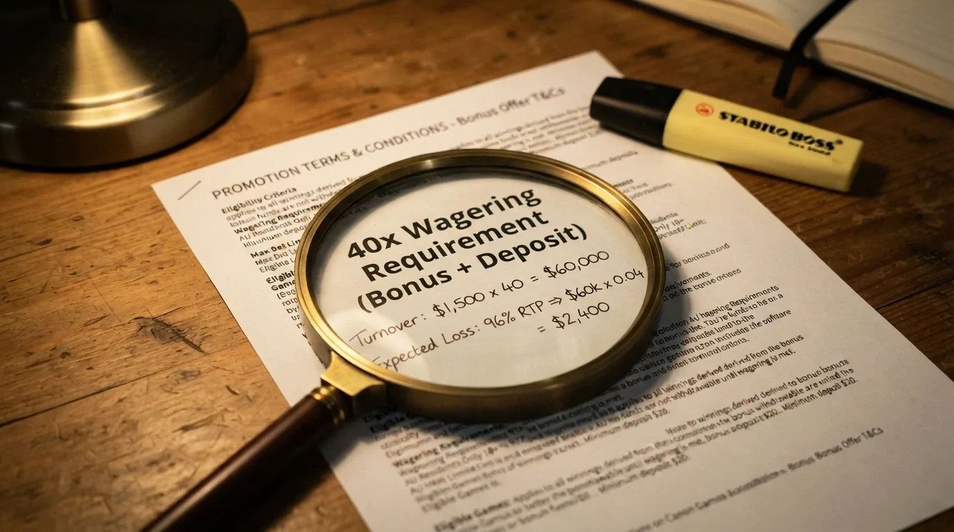 A magnifying glass over a casino bonus terms box, with the wagering-requirement figure highlighted and the turnover calculation written beside it