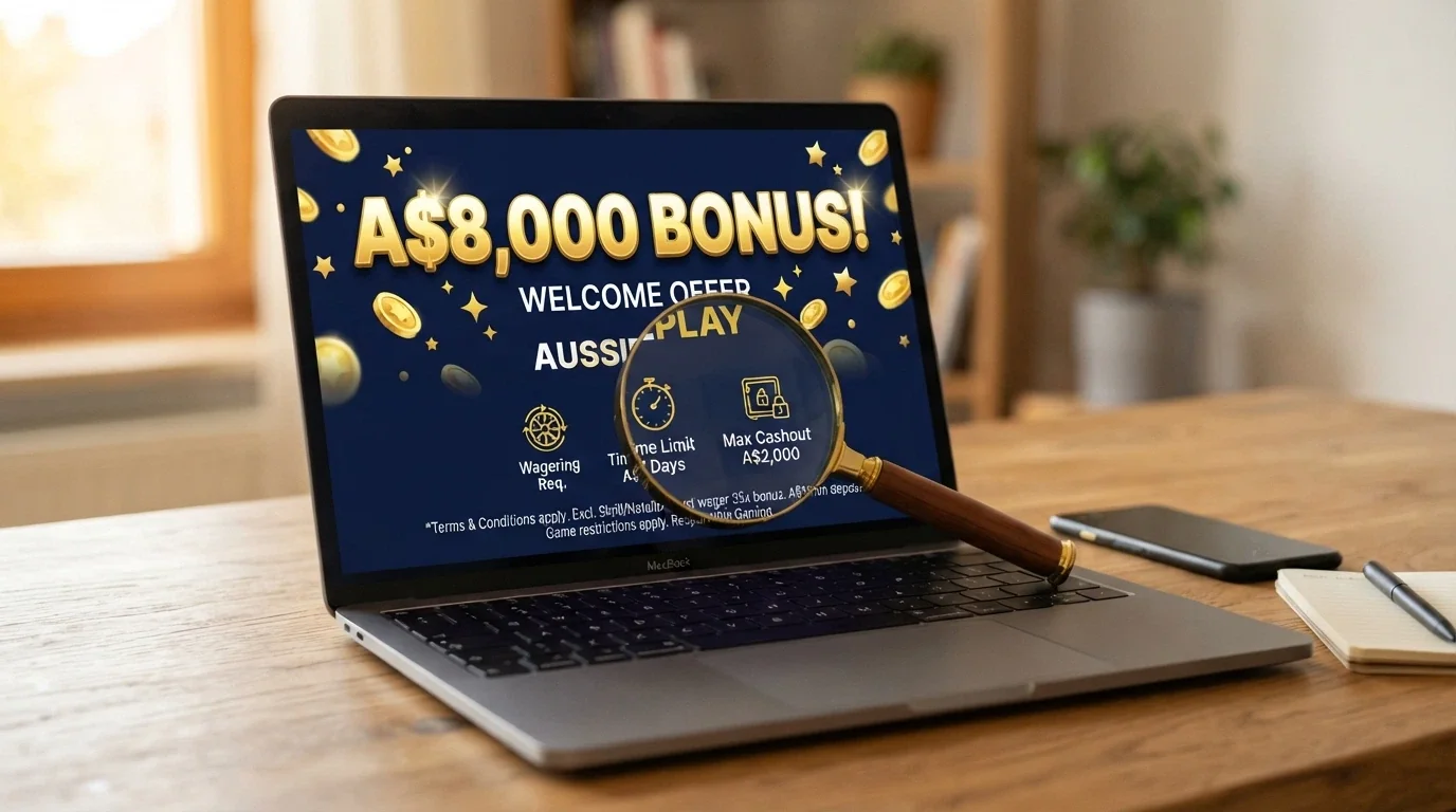 A large welcome-bonus banner with a bold A$8,000 headline, but a magnifying glass over the fine print below reveals a wagering wheel, an expiry clock and a capped cashout symbol