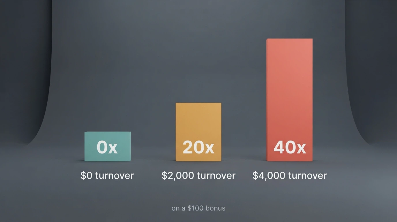 Three side-by-side casino bonus panels showing 0x, 20x and 40x wagering labels, with the dollar turnover each would require on a $100 bonus displayed beneath.