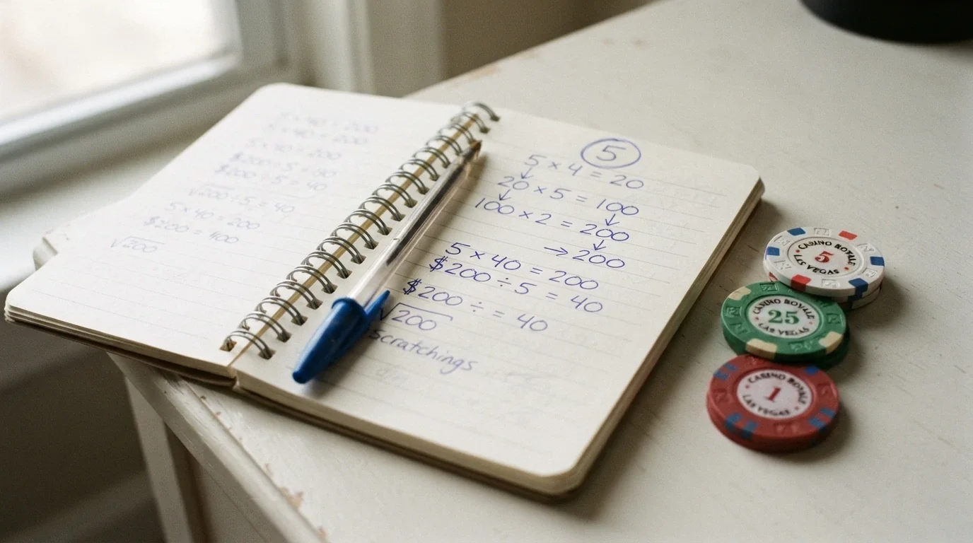 A notepad breaking down a $5 bonus with a 40x wagering requirement into the $200 play-through obligation