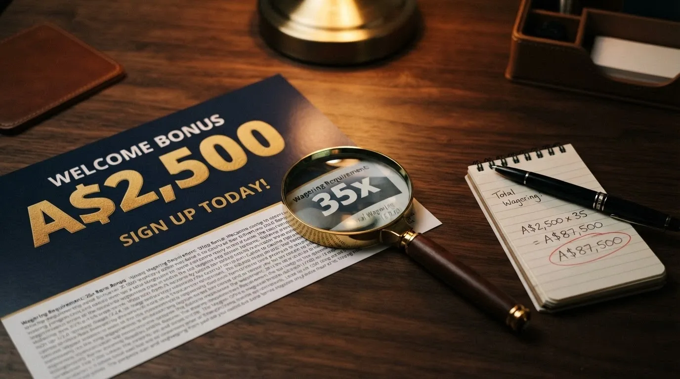 A casino welcome-offer banner showing a large A$2,500 headline figure, with fine-print text magnified beside it revealing the 35x wagering term