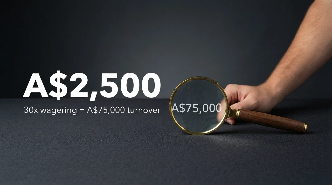 A casino bonus banner showing a bold A$2,500 figure with a magnifying glass hovering over the small-print wagering-requirement text beneath it