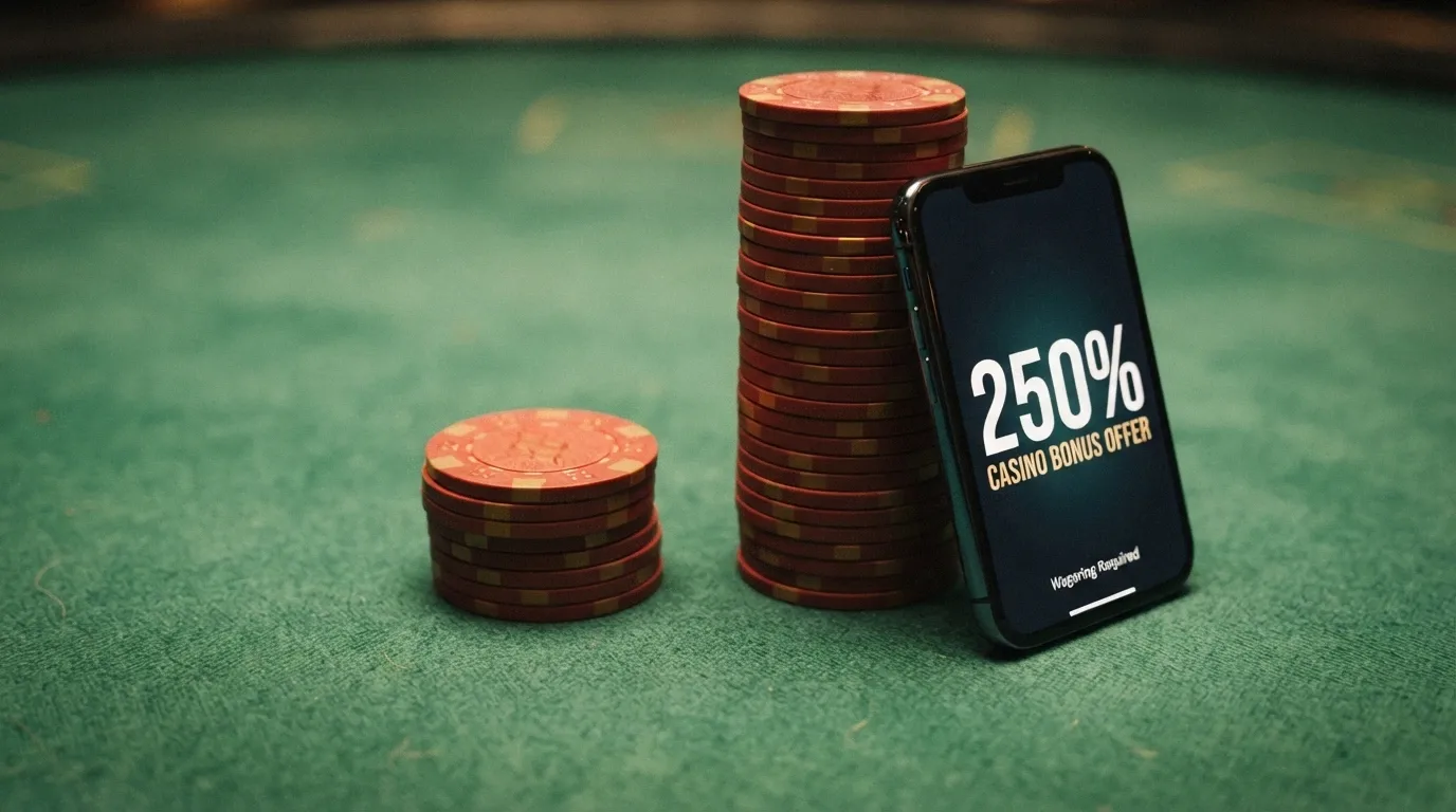 A scale showing a large bonus figure on one side and a stack of wagering-requirement play on the other, illustrating the gap between headline and real cost