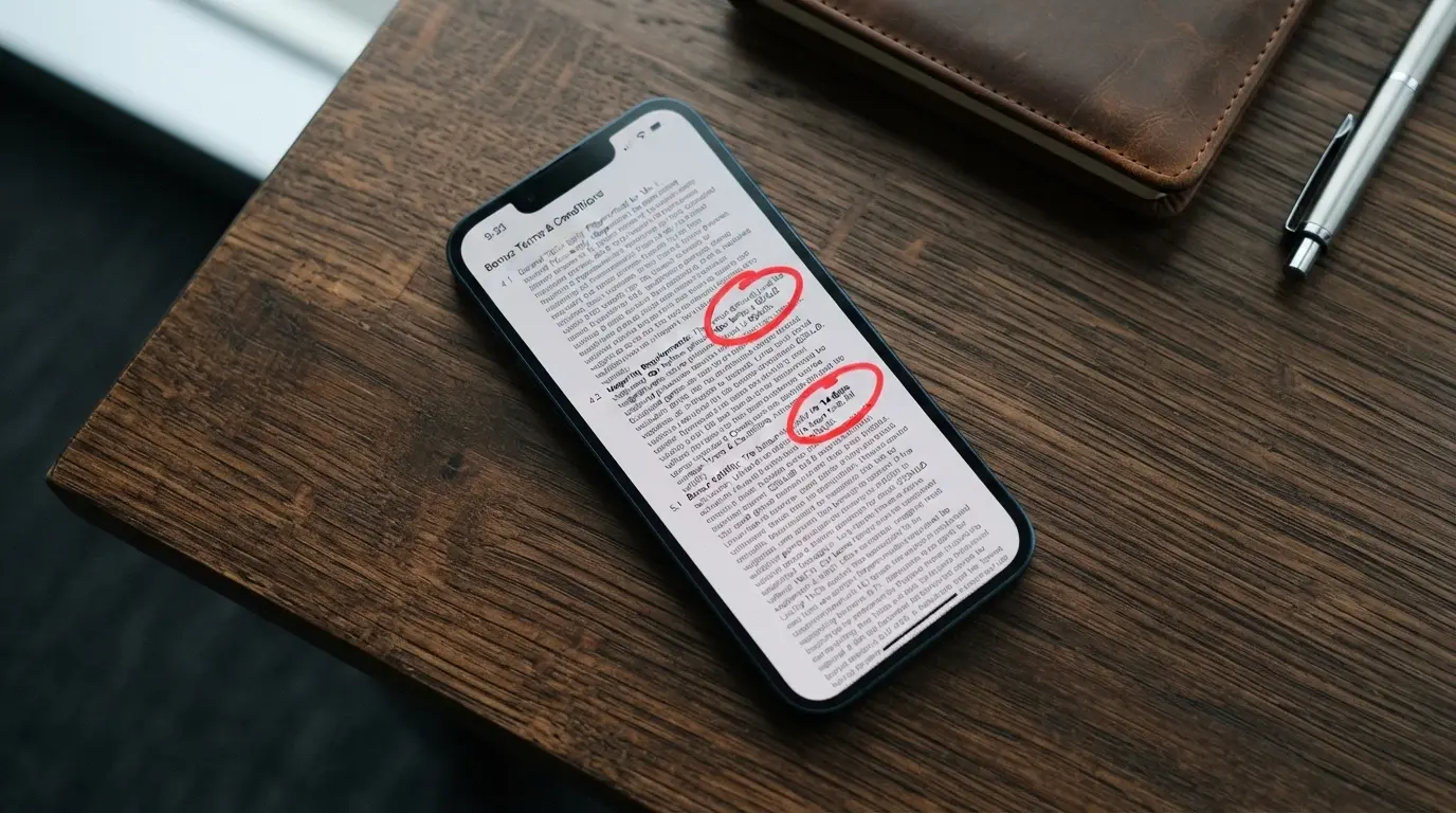 Close-up of a phone screen displaying bonus terms and conditions, with the wagering requirement (“40x”) and validity period (“14 days”) circled in red