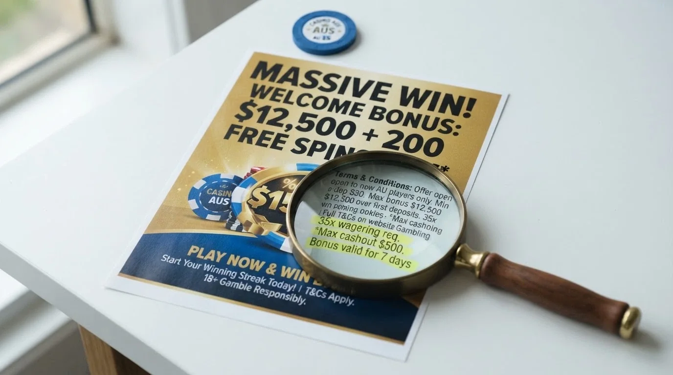 A magnifying glass held over a casino promotion banner, the fine-print terms enlarged and highlighted