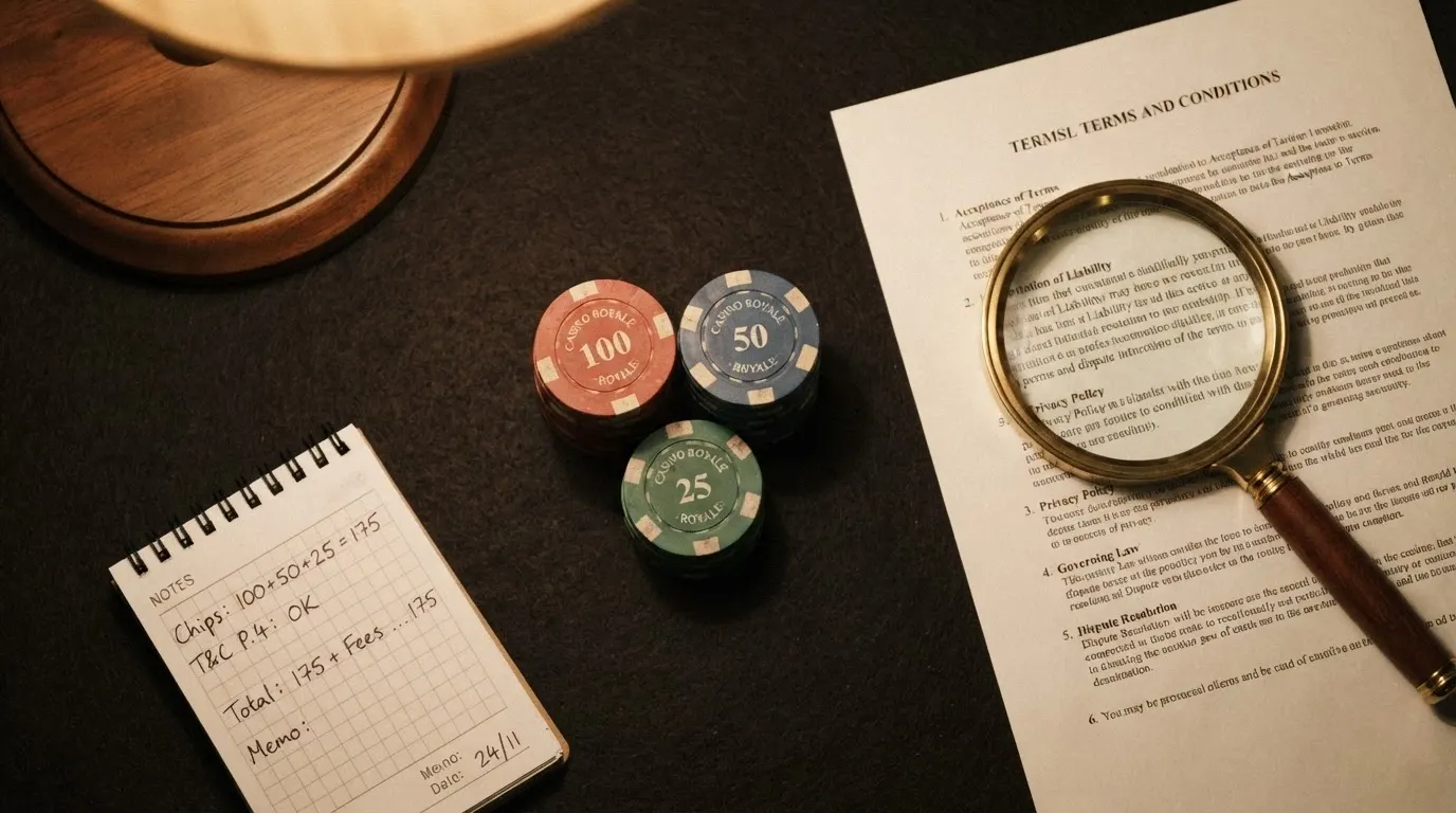 A stack of poker chips beside a magnifying glass held over a terms-and-conditions document, a calculator in the frame