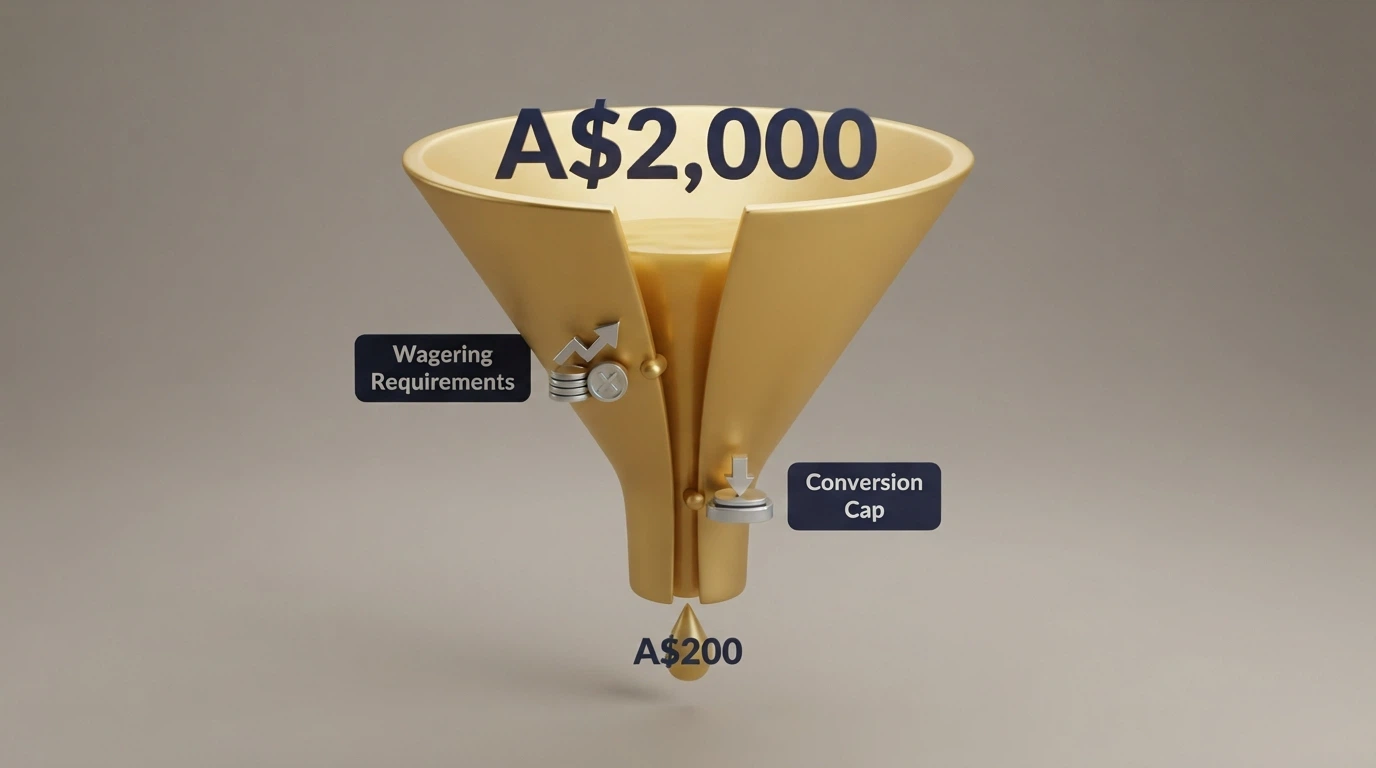 A stylised visual showing a large A$2,000 bonus figure shrinking through a funnel labelled with wagering multiples and win caps to a much smaller withdrawable amount