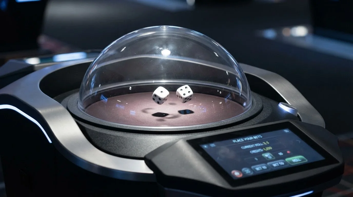 ICONIC21 Bubble Craps automated dome with two physical dice visible inside the sealed transparent chamber