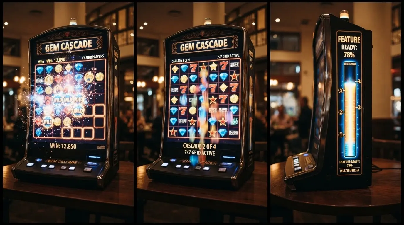 A split-frame showing a cascade sequence: winning symbols vanishing, new symbols dropping in, and a charge meter filling up alongside