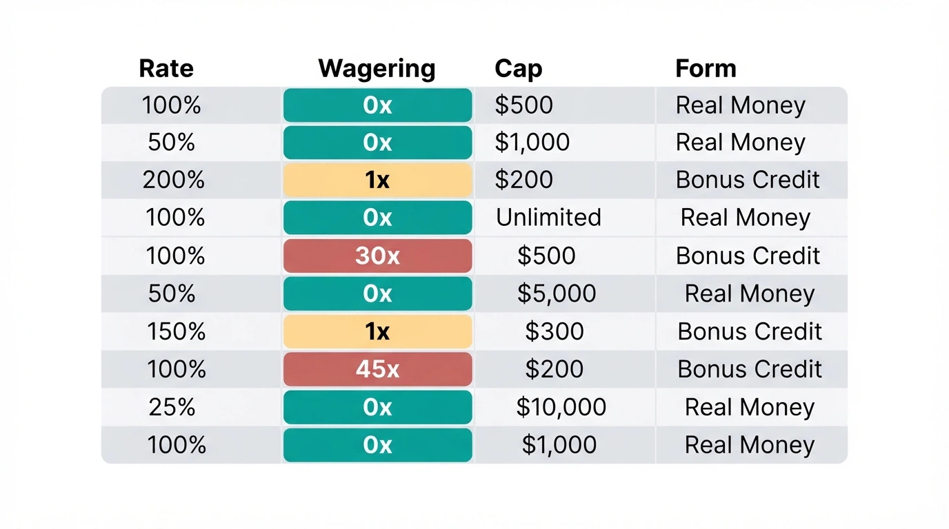 A colour-coded comparison grid of casino names against cashback rate, wagering and max-cap columns