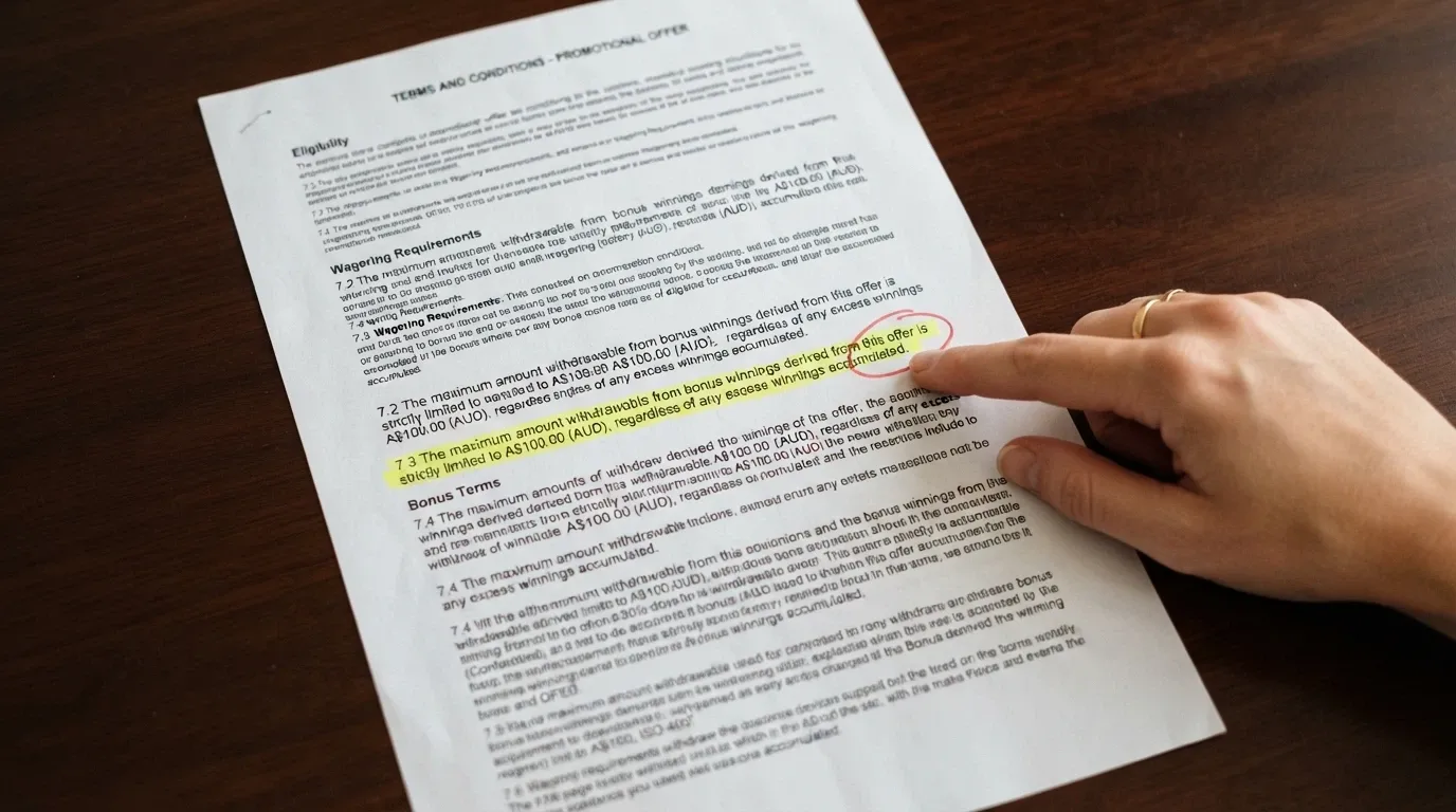 A terms-and-conditions section with the maximum cashout clause underlined, showing a A$100 cap figure