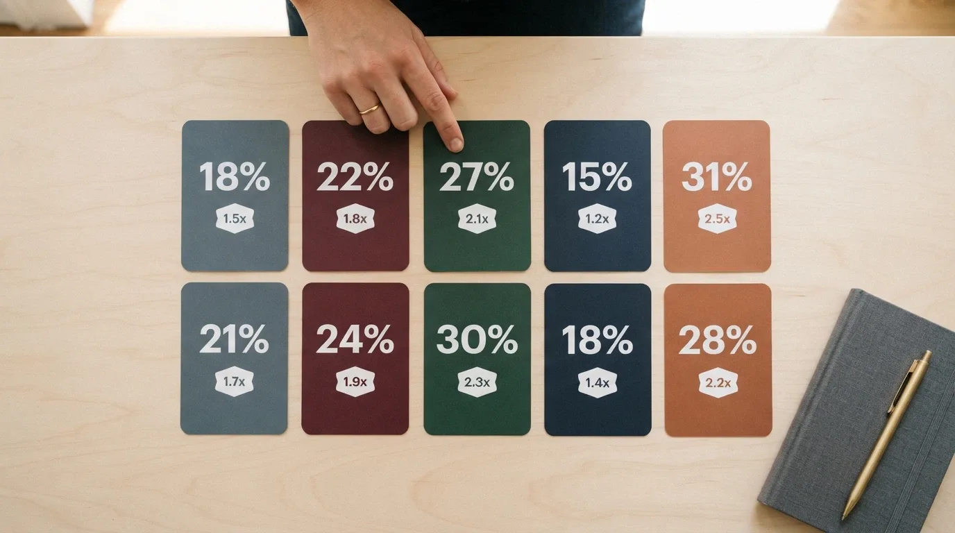 A visual comparison chart showing ten casino bonus cards side by side, each with a different headline figure and a highlighted wagering-multiple badge