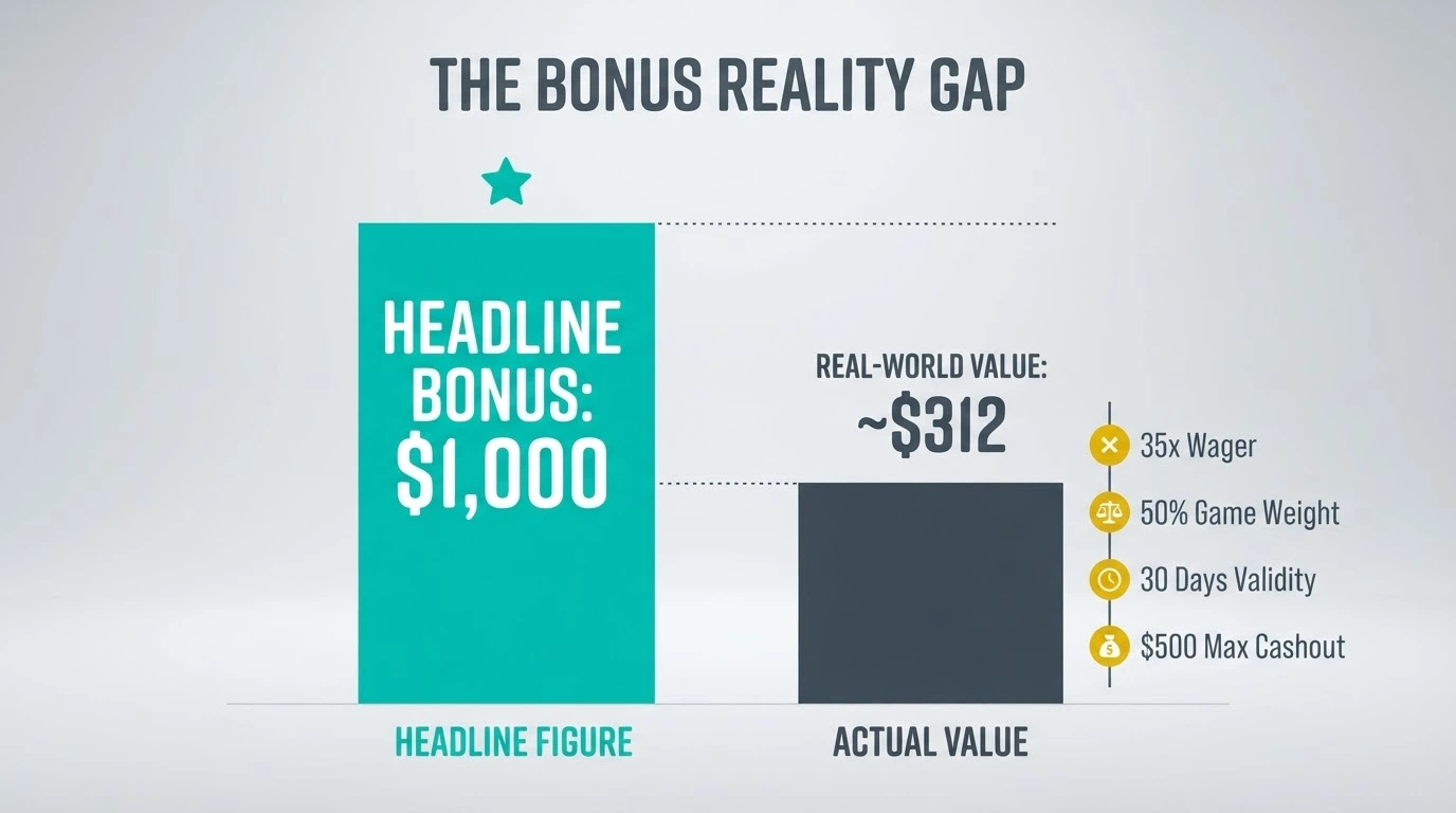 A visual comparison of a bonus headline figure against the real-world value after applying wagering requirements, game weighting, and cashout caps