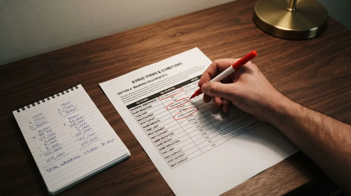 An annotated bonus-terms screen with wagering-multiple, game-weighting table, time-limit countdown and max-cashout clause circled in red