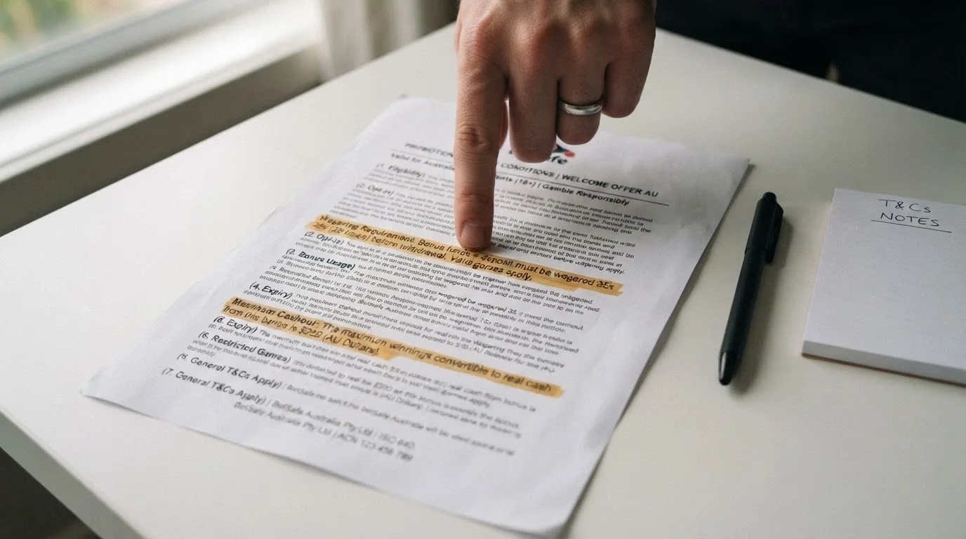 A close-up of bonus terms and conditions on a casino promotions page with the wagering requirement and maximum cashout clauses highlighted
