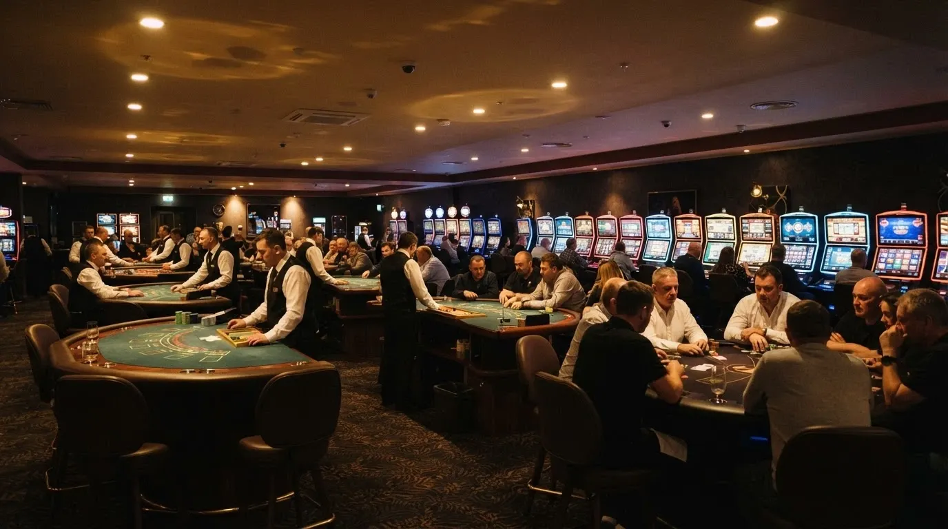 A view across Casino Canberra's gaming floor showing blackjack and roulette tables under warm lighting, with the digital Stadium Gaming terminals against the far wall