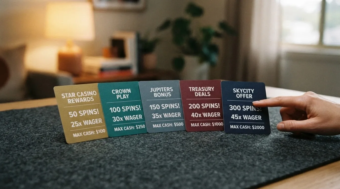 A side-by-side layout of casino bonus cards showing different spin counts, wagering figures and cashout caps