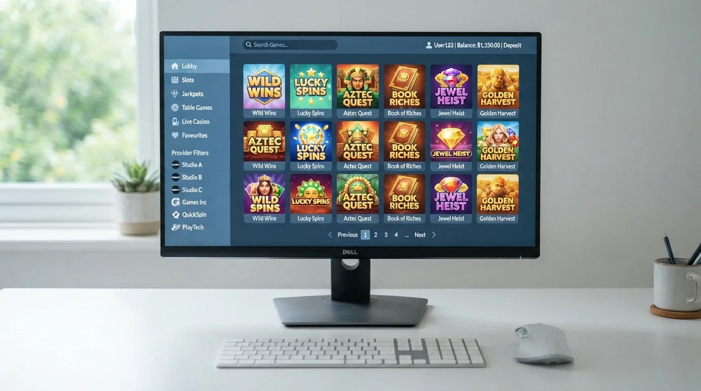 A desktop screen showing a casino game lobby with Aristocrat titles listed in the provider filter sidebar