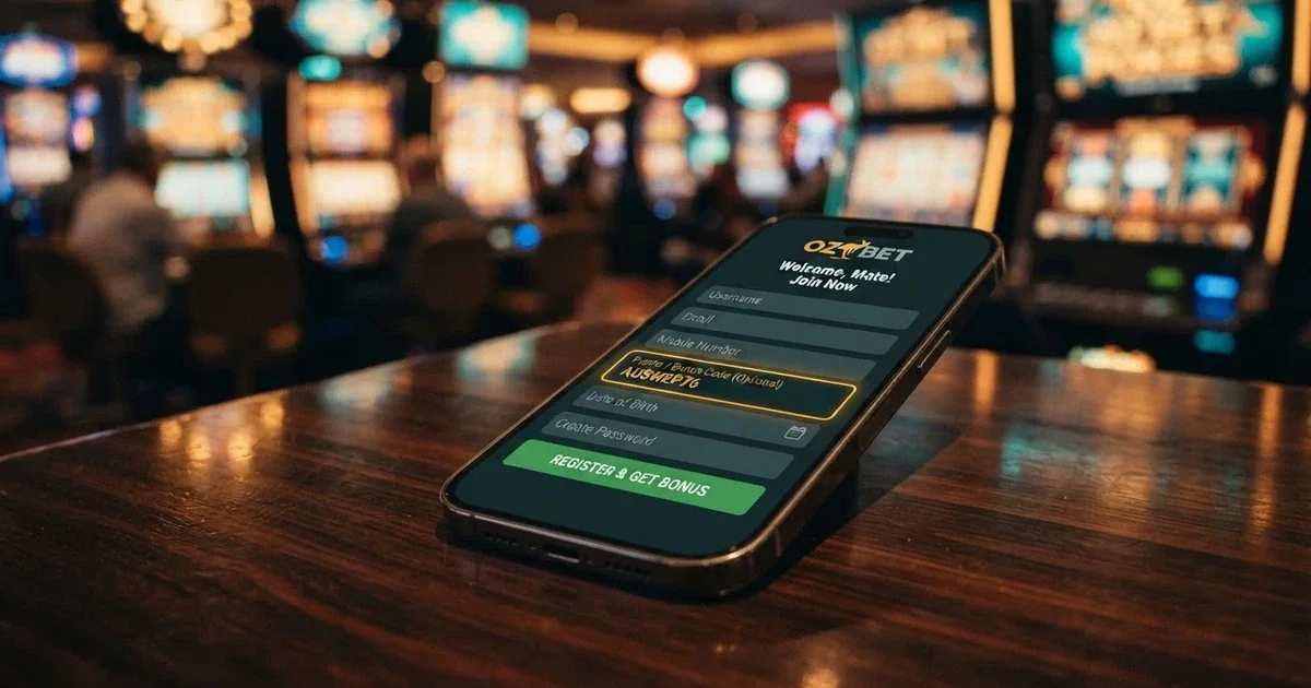A smartphone screen displaying a casino promo code entry field during registration, with a blurred online pokies lobby in the background
