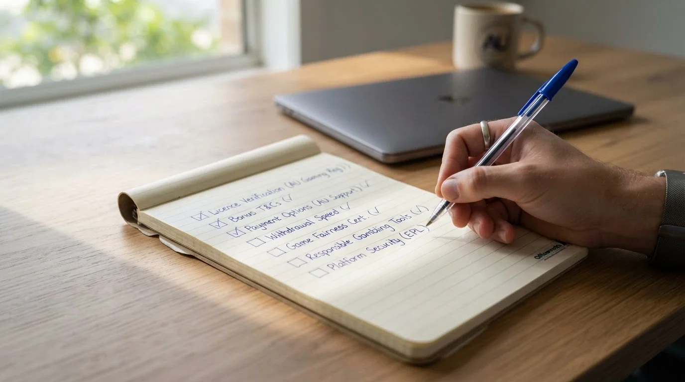 A notepad with a handwritten checklist including licence verification, bonus terms analysis, PayID support and withdrawal speed testing