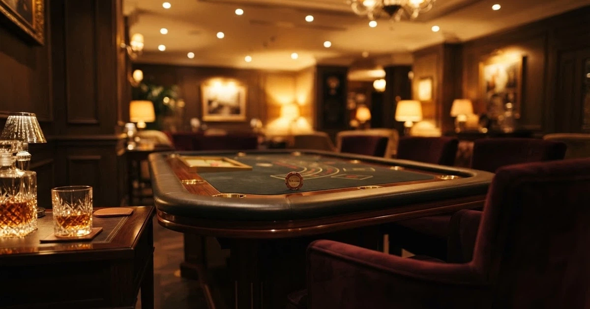 A glowing VIP lounge interior with velvet seating, ambient gold lighting and a solitary high-roller table, no people visible