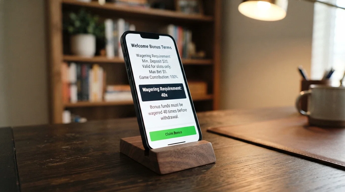 Casino welcome bonus terms displayed on an iPhone screen, with the wagering requirement line highlighted