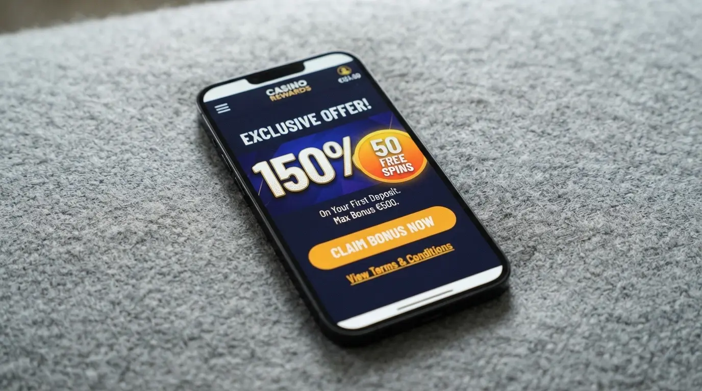 A smartphone screen displaying a casino promotions page with bonus percentage, free-spin count and terms link visible