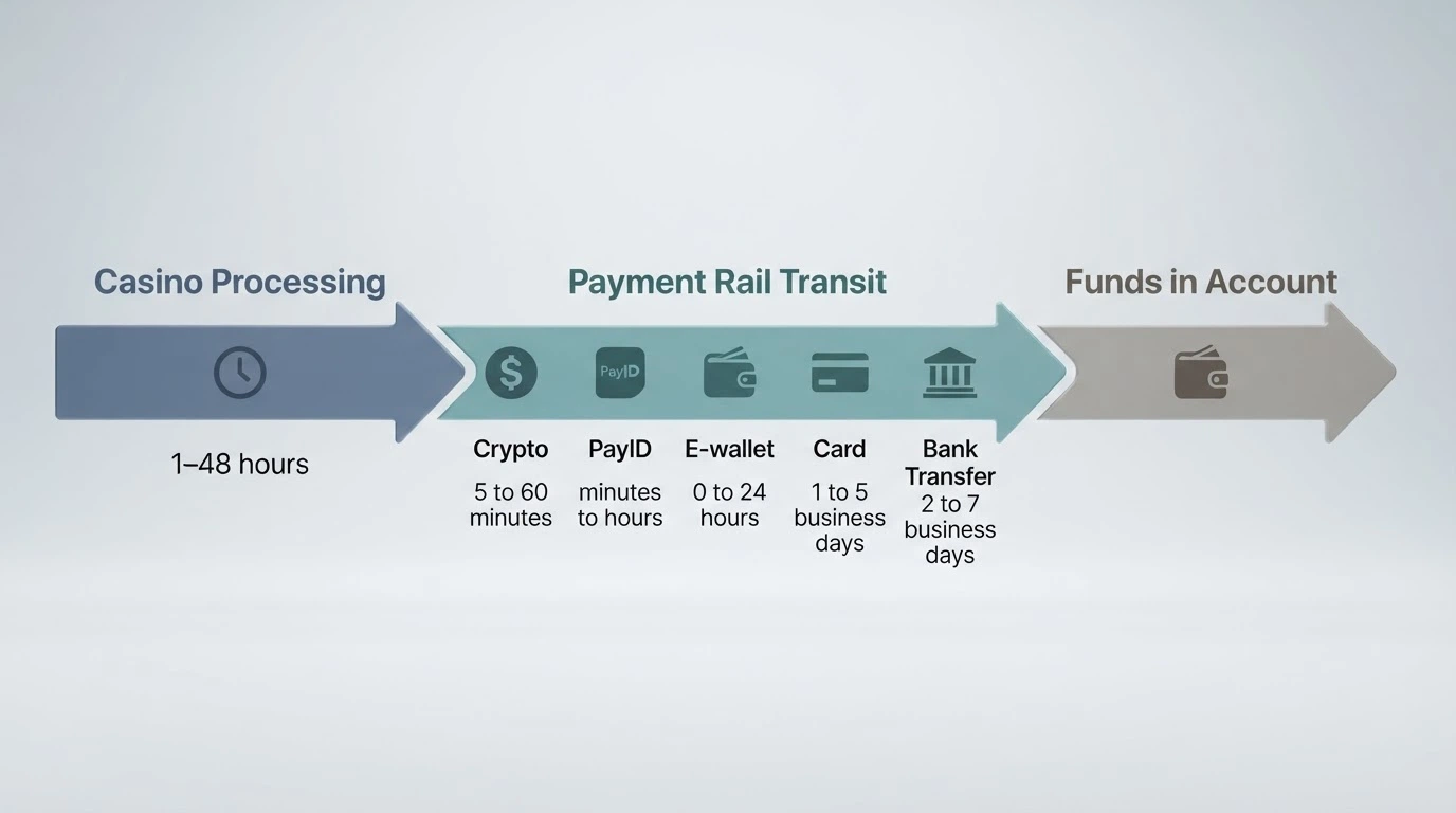 Infographic timeline marked with method icons at each stage: casino processing, payment rail transit, funds in account — with real hour and day ranges