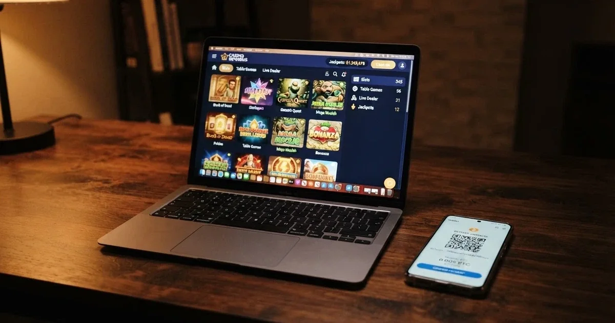 A laptop screen showing a bitcoin casino game lobby with a cryptocurrency deposit panel open alongside a mobile wallet app displaying a QR code