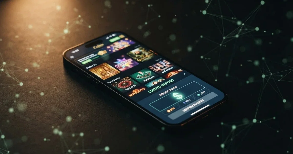 A smartphone displaying a casino lobby with a Bitcoin Cash logo on the deposit screen, set against a dark background with subtle green blockchain-node graphics