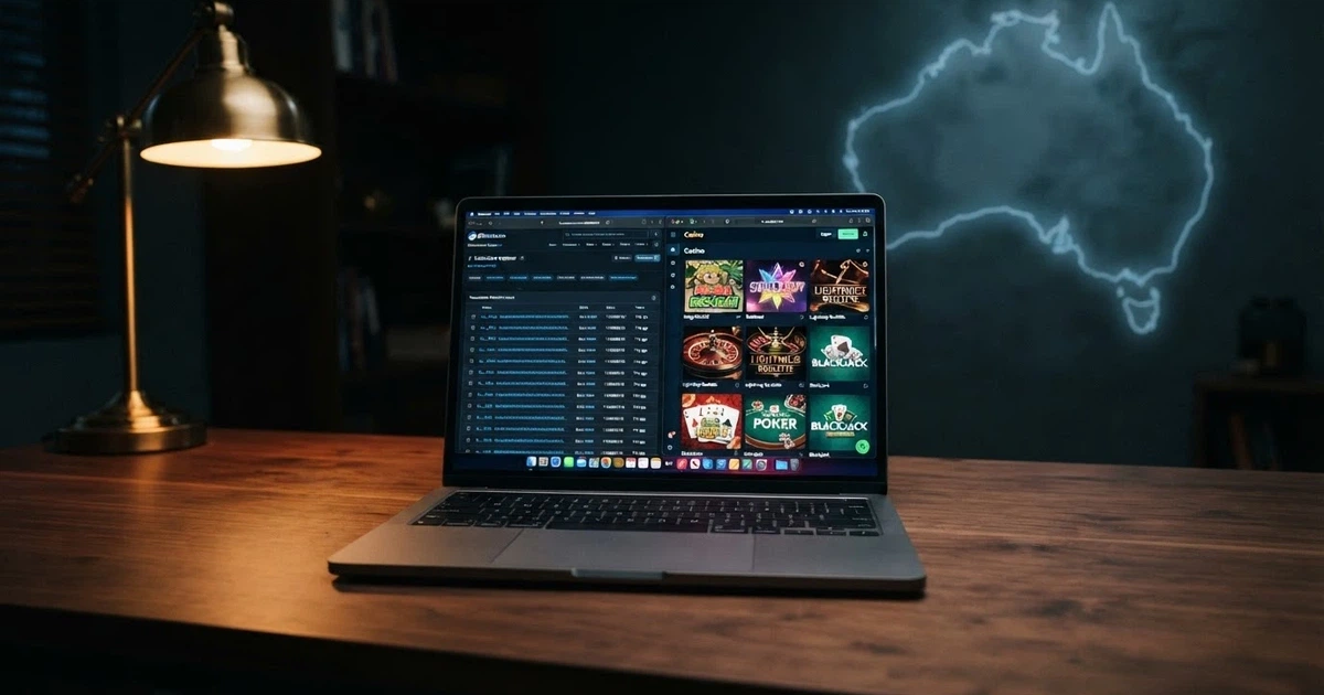 A laptop screen showing a blockchain explorer and a casino lobby side by side, with an Australian map watermark in the background