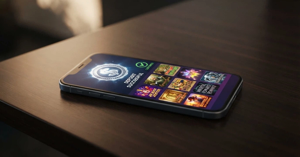 A smartphone screen showing a Litecoin logo beside a casino game lobby with pokies thumbnails and a deposit confirmation checkmark