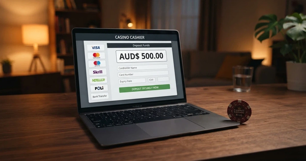 A laptop screen showing an online casino cashier page with Tether USDT listed among the deposit options, an Australian dollar banknote visible on the desk beside it
