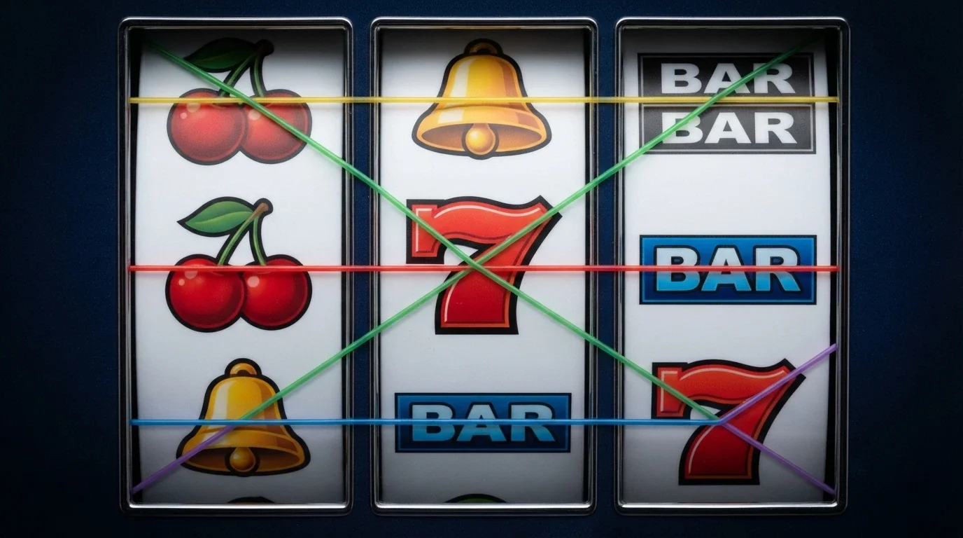A close-up of a 3×3 pokie grid showing five paylines and classic fruit-machine symbols including cherries, bells and red sevens