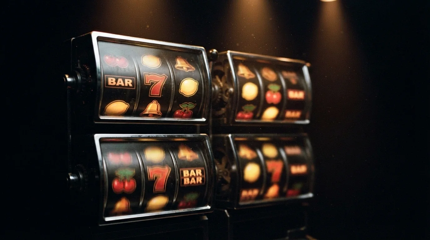 A grid of four 1spin4win classic fruit slot reels with Hold and Win symbols illuminated on a dark background