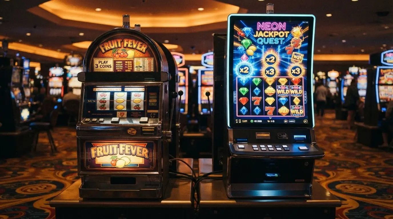 A split comparison showing a classic three-reel fruit machine with a single payline beside a modern five-reel video pokie with animated bonus graphics