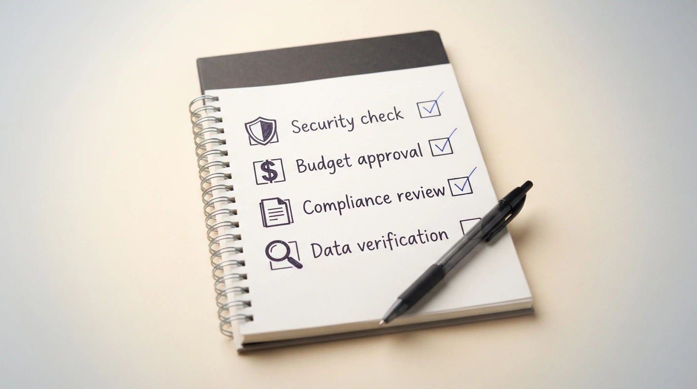 A checklist with four icons representing licence verification, deposit-method screening, bonus-term review and player-complaint research