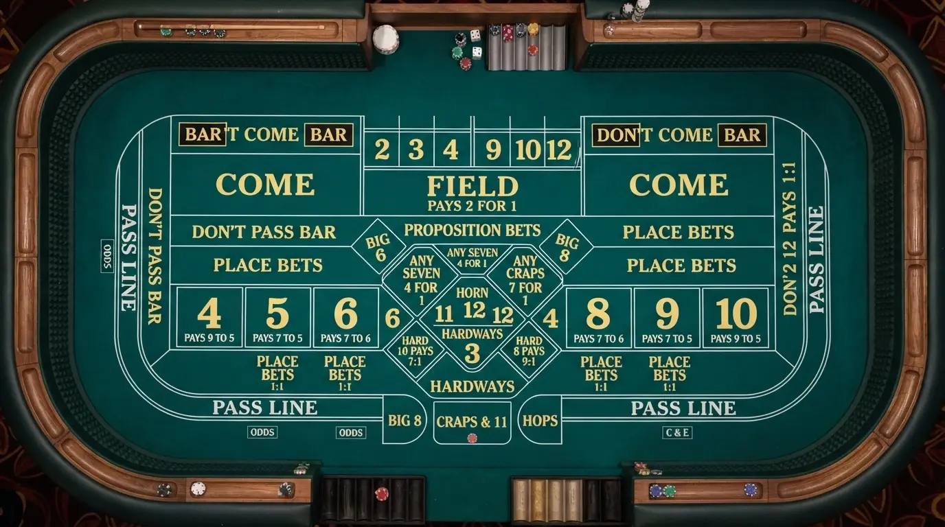 Annotated craps table layout showing every betting zone from the Pass Line along the outer edge to the centre proposition area