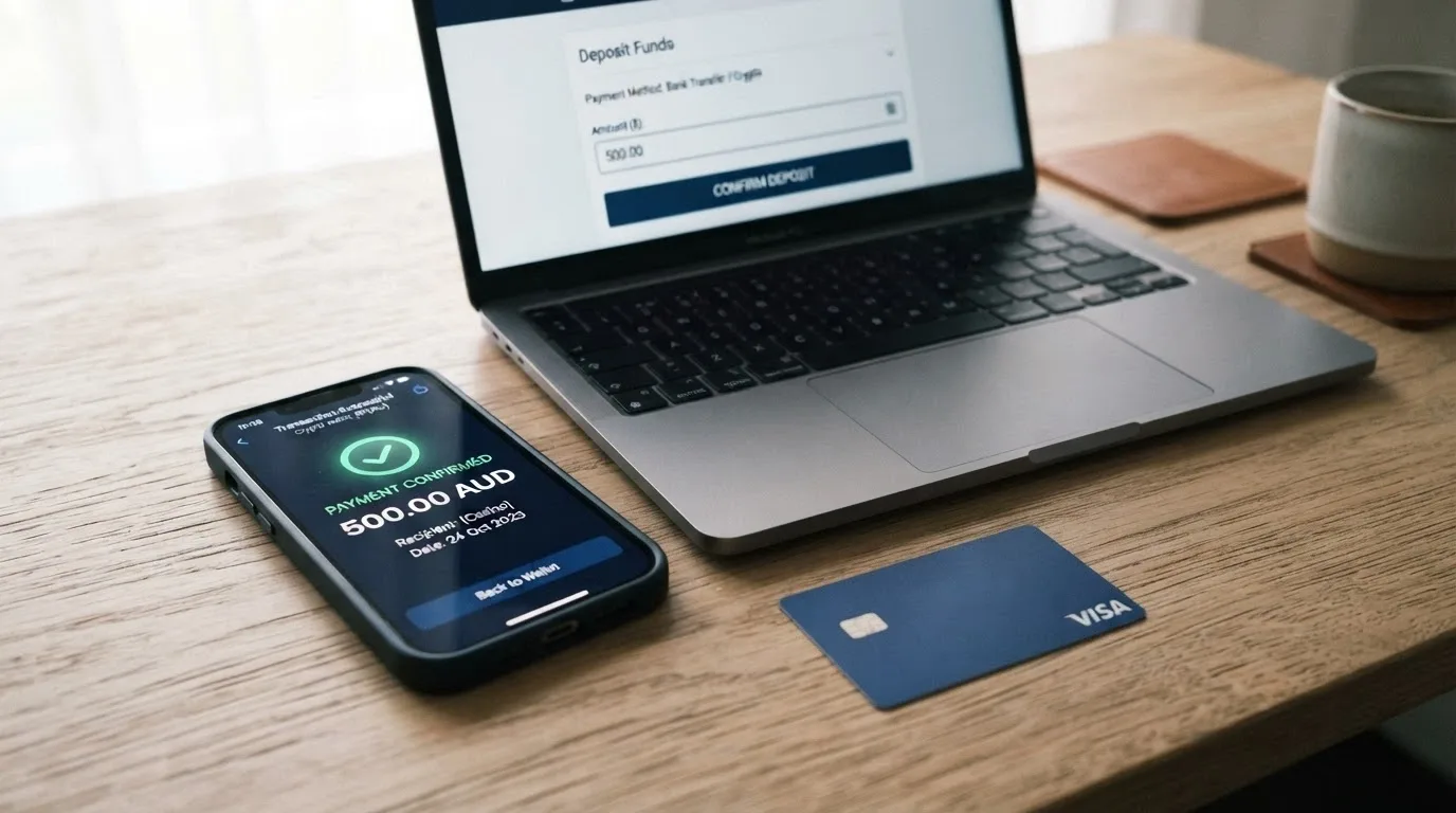 A smartphone showing a cryptocurrency wallet deposit confirmation beside a casino cashier screen, with an Australian bank card lying unused to the side