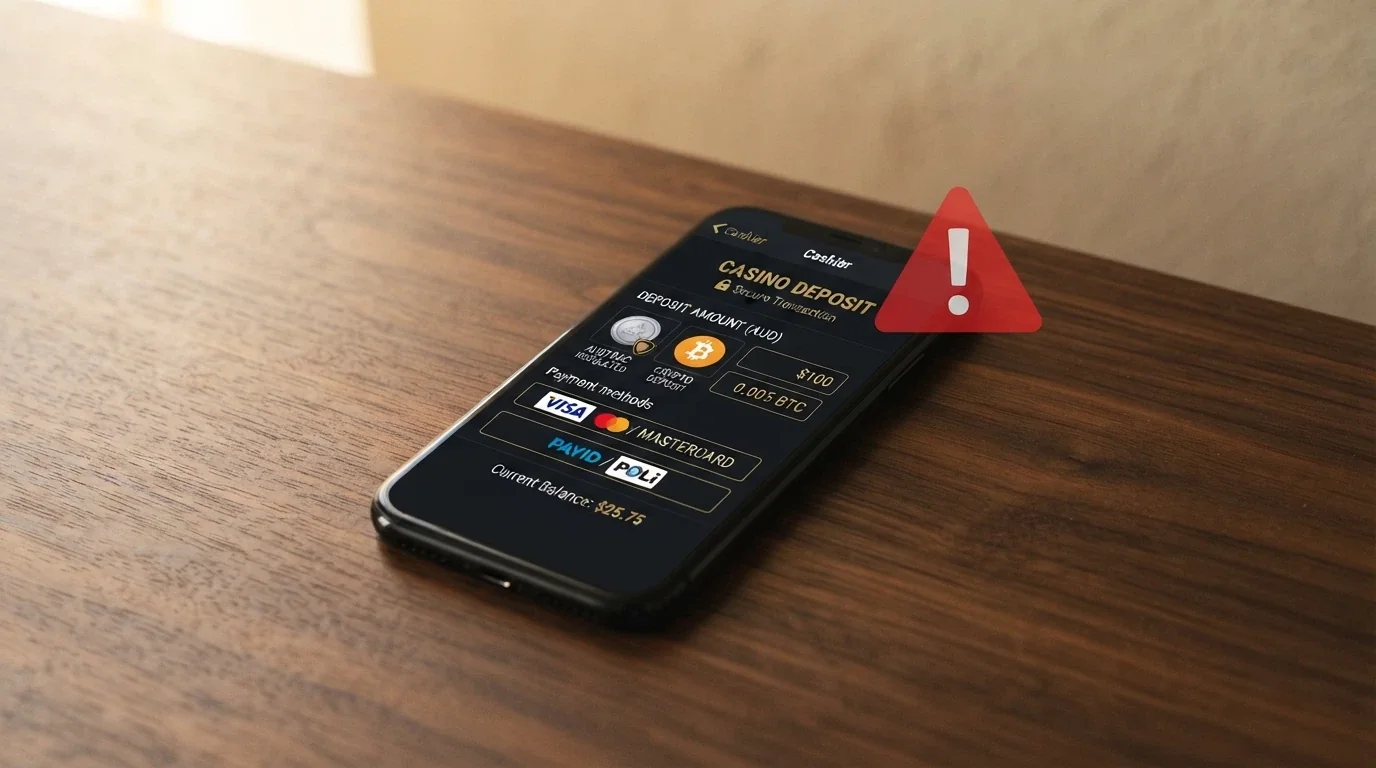 A smartphone showing a casino cashier screen with Bitcoin and Ethereum deposit options, overlaid with a red Australian regulatory warning symbol