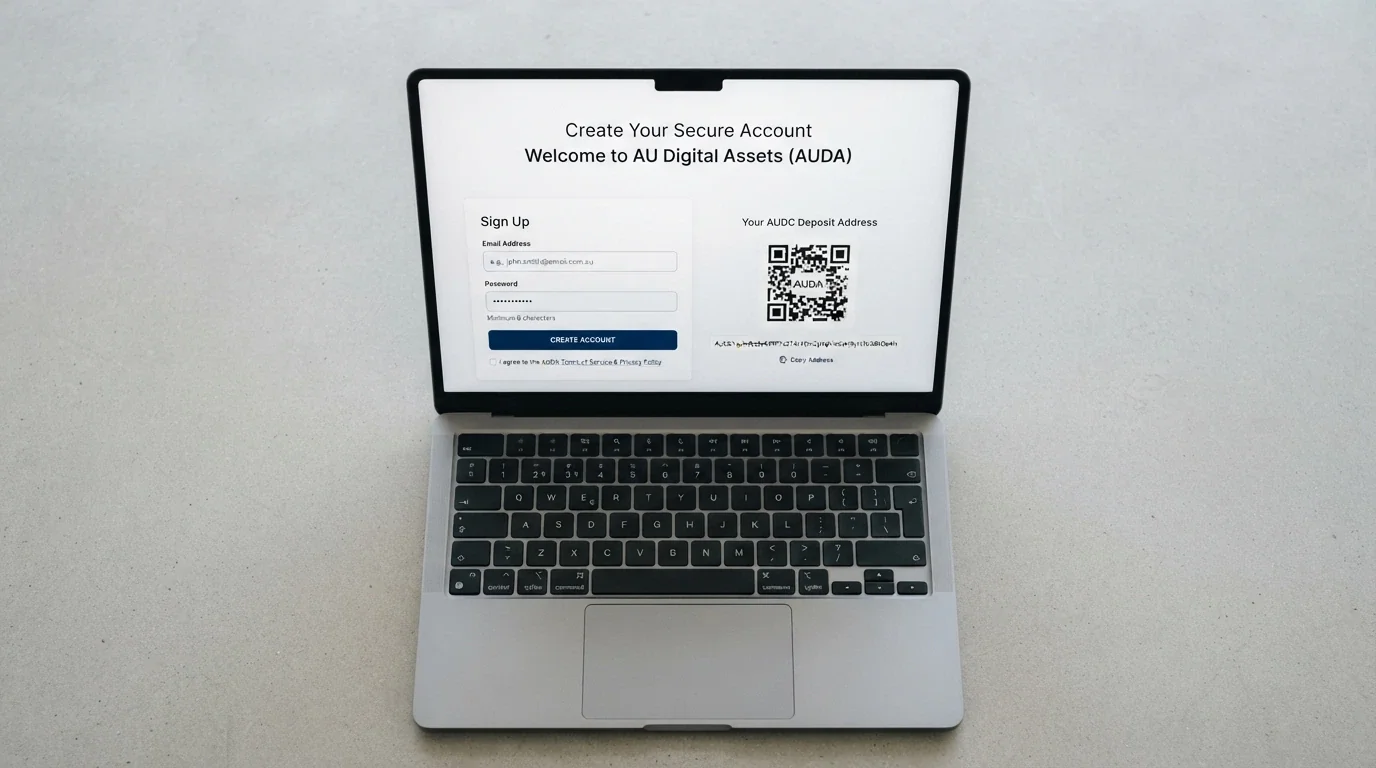 A signup form showing only an email and password field, with no identity-document upload section visible, beside a cryptocurrency deposit address