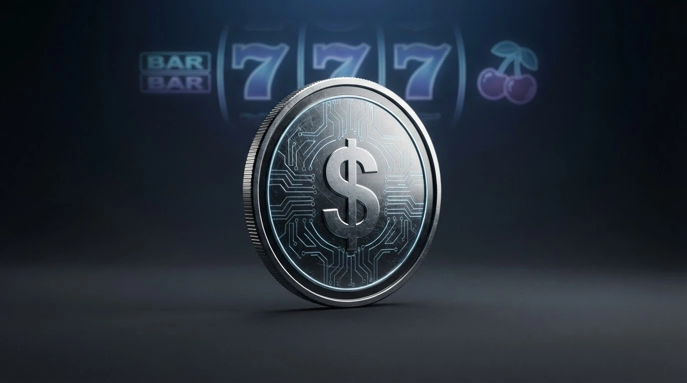 A Bitcoin symbol centred on a dark casino-style background with glowing slot-reel elements