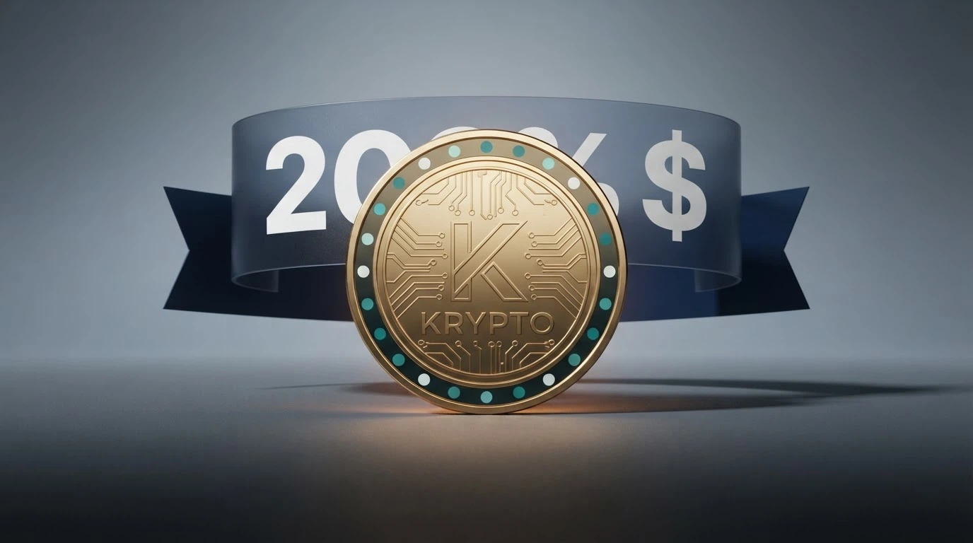 A digital illustration of a casino bonus chip rendered as a glowing cryptocurrency coin with a welcome-offer banner wrapped around it