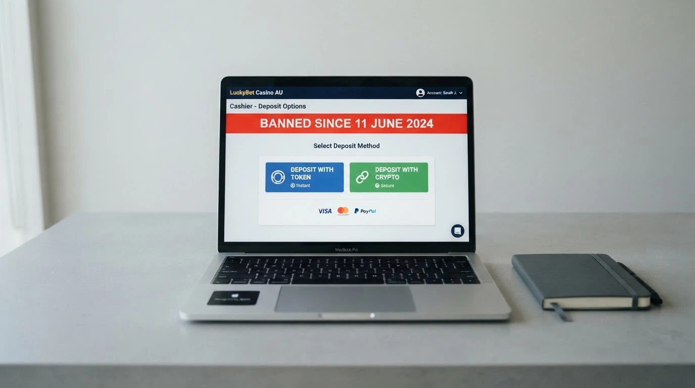 A laptop screen displaying a casino cashier page with Bitcoin and Ethereum deposit options visible, overlaid with a warning notice dated 11 June 2024 about the Australian crypto payment ban.