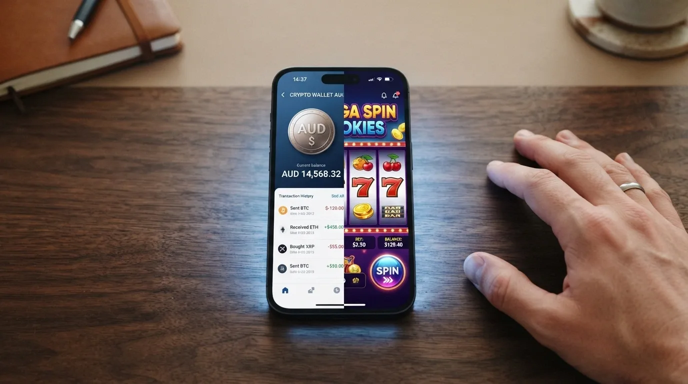 A smartphone displaying a cryptocurrency wallet balance next to a casino interface, Bitcoin symbol visible