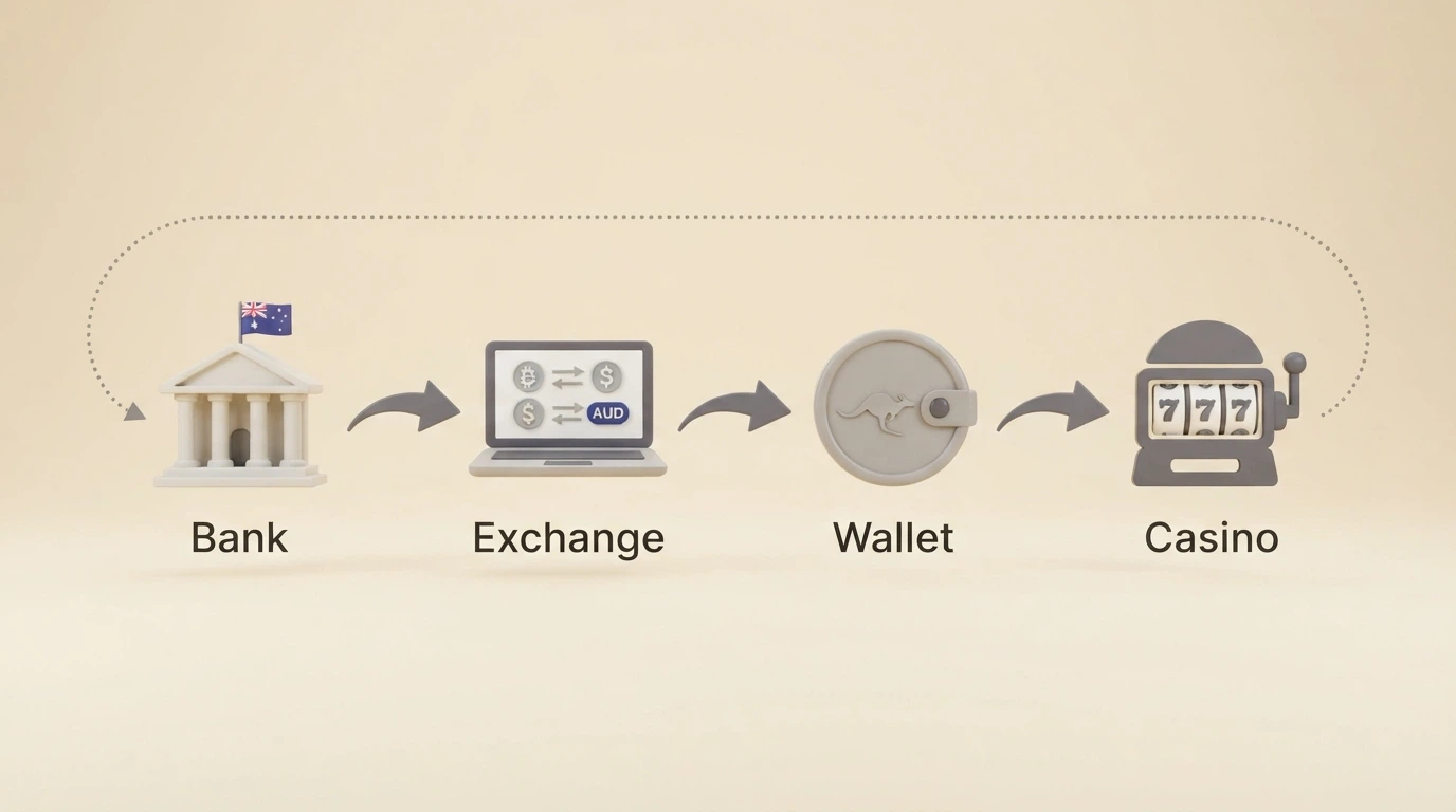 A flowchart showing the deposit path from an Australian bank account through a crypto exchange to a casino wallet address, with arrows and labelled steps for the on-ramp and withdrawal return